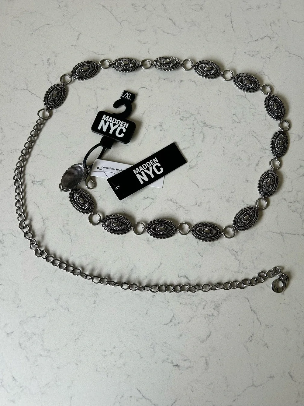 NWT Madden NYC Silver Concho Chain Belt with Engraved Embellished Medallions - Picture 1 of 10